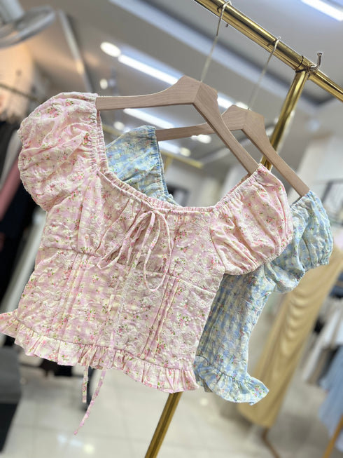 Embroider Puff Short Sleeves Crop Tops